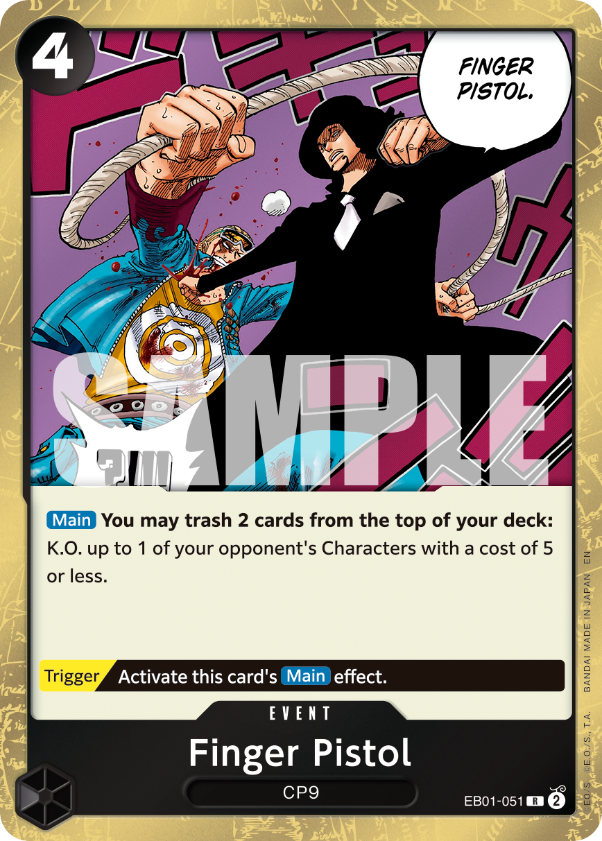 Finger Pistol EB01-051, the R printing from EB-01 of the One Piece Card Game