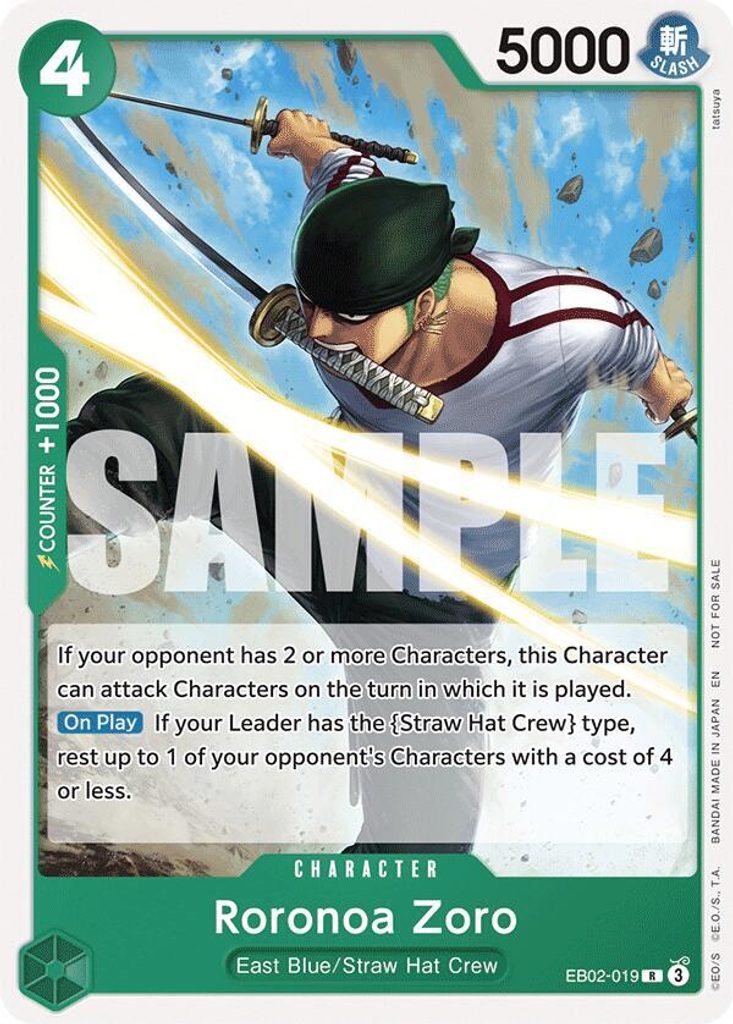 Roronoa Zoro EB02-019, the R printing from EB-02 of the One Piece Card Game