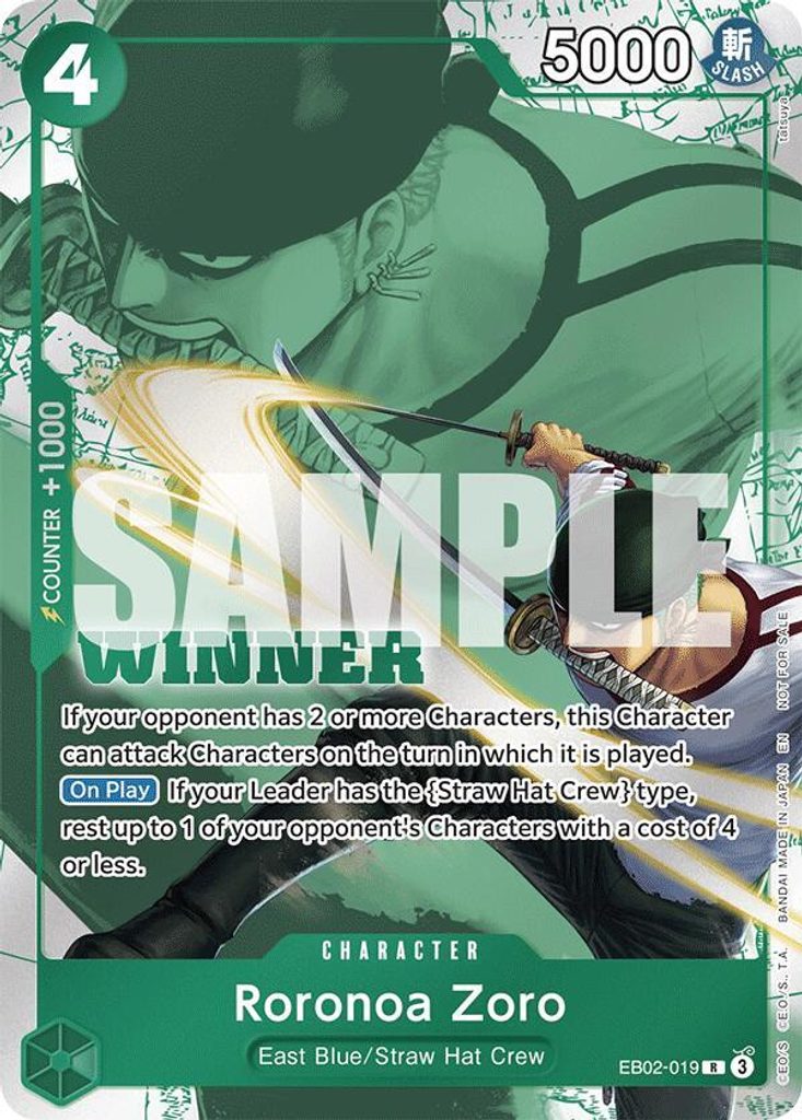 Roronoa Zoro EB02-019, the R printing from EB-02 of the One Piece Card Game