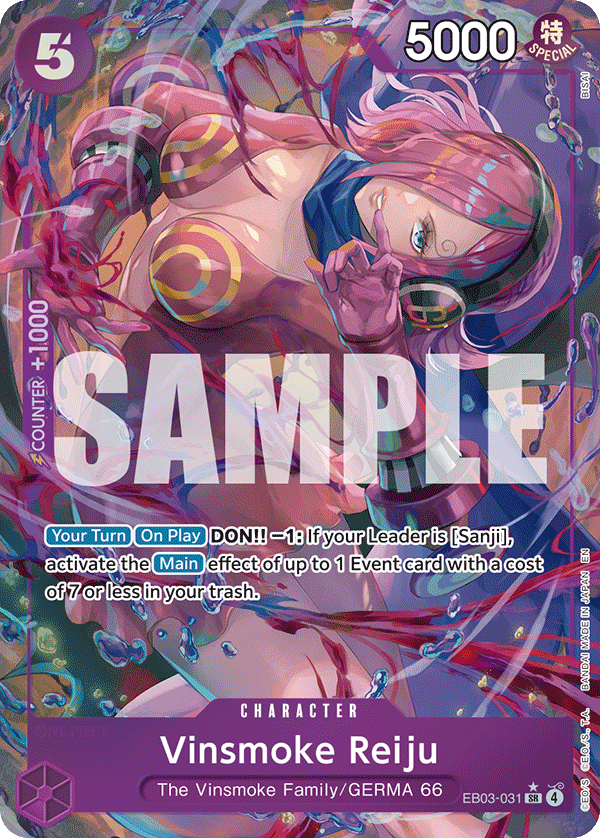 Vinsmoke Reiju EB03-031, the SR printing from EB-03 of the One Piece Card Game