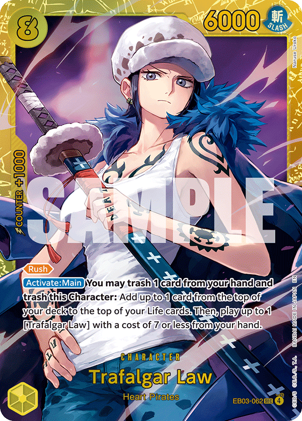 Trafalgar Law EB03-062, the SEC printing from EB-03 of the One Piece Card Game