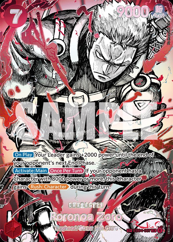 Roronoa Zoro (EB04-007) EB04-007, the SR printing from EB-04 of the One Piece Card Game