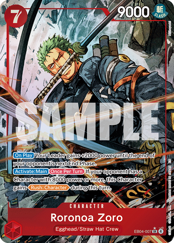 Roronoa Zoro (EB04-007) EB04-007, the SR printing from EB-04 of the One Piece Card Game
