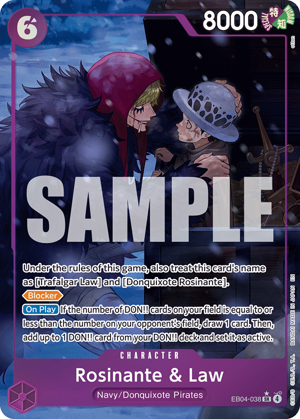 Rosinante & Law EB04-038, the SR printing from EB-04 of the One Piece Card Game