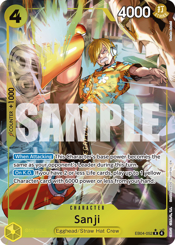 Sanji (EB04-052) EB04-052, the R printing from EB-04 of the One Piece Card Game