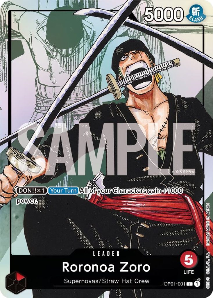 Roronoa Zoro OP01-001, the L printing from OP-01 of the One Piece Card Game