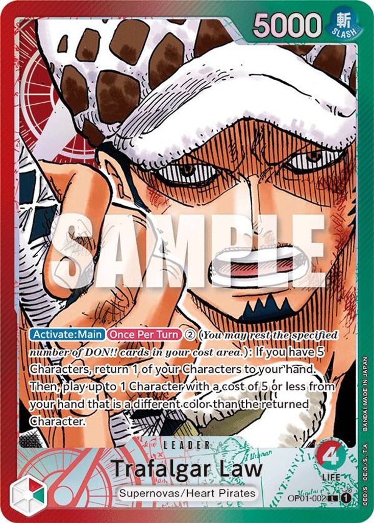 Trafalgar Law OP01-002, the L printing from OP-01 of the One Piece Card Game