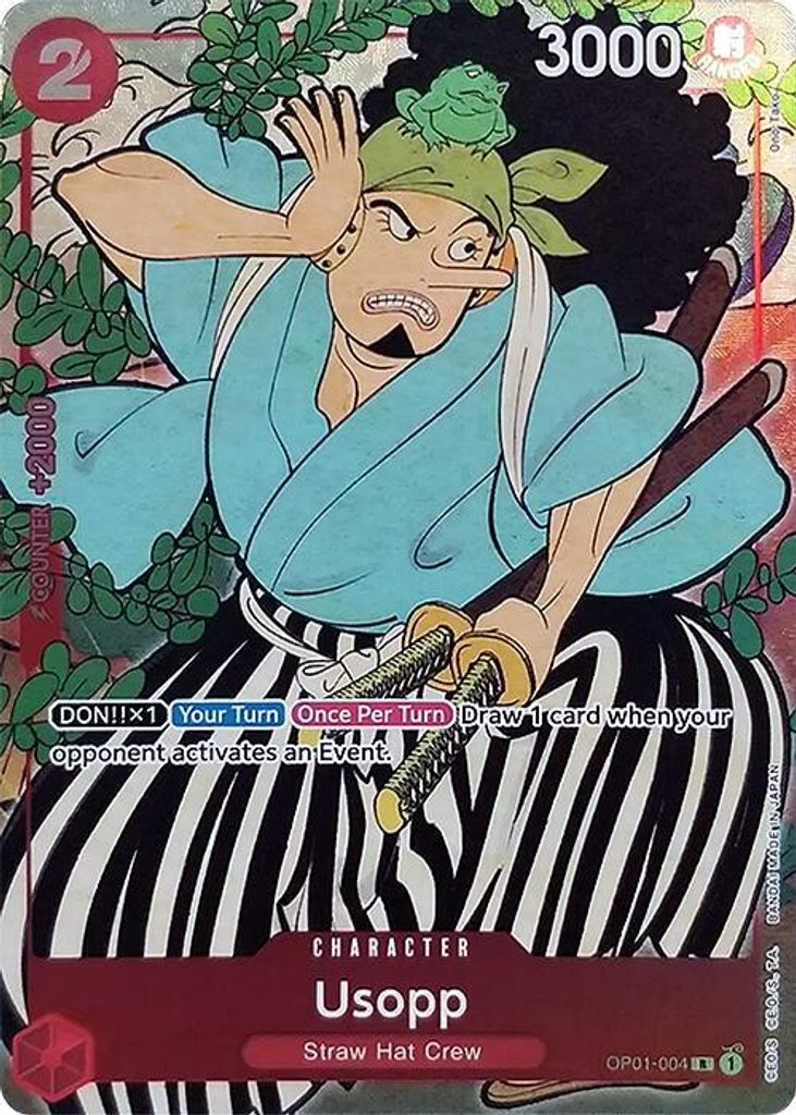 Usopp OP01-004, the R printing from OP-01 of the One Piece Card Game