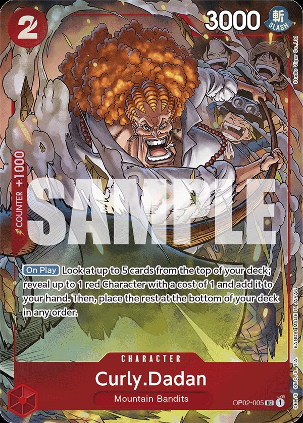 Curly.Dadan OP02-005, the UC printing from OP-02 of the One Piece Card Game
