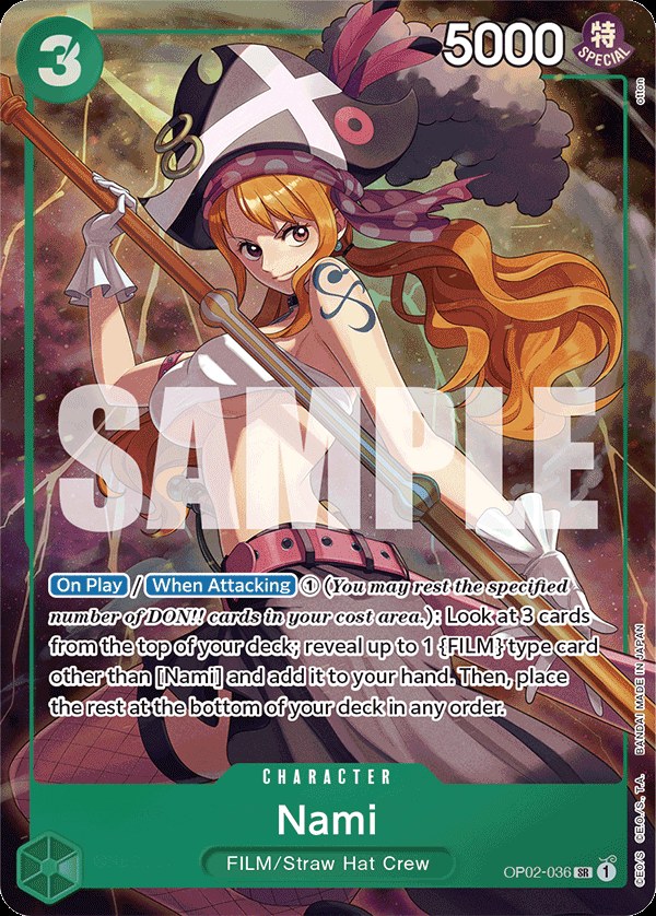 Nami OP02-036, the SR printing from OP-02 of the One Piece Card Game