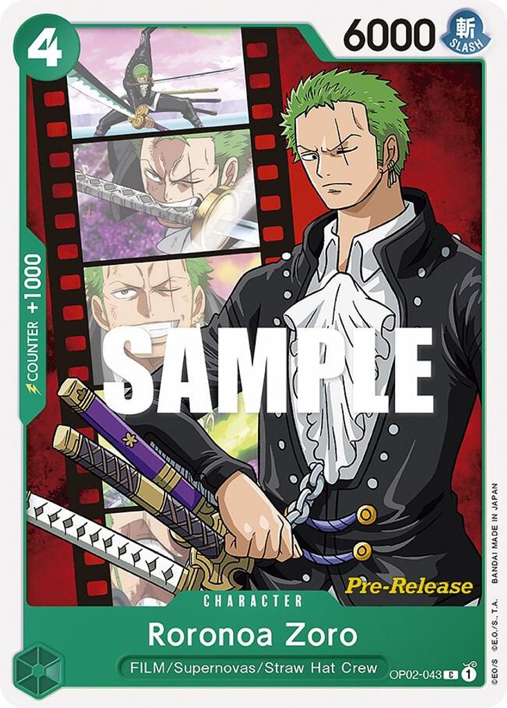 Roronoa Zoro OP02-043, the C printing from OP-02 of the One Piece Card Game