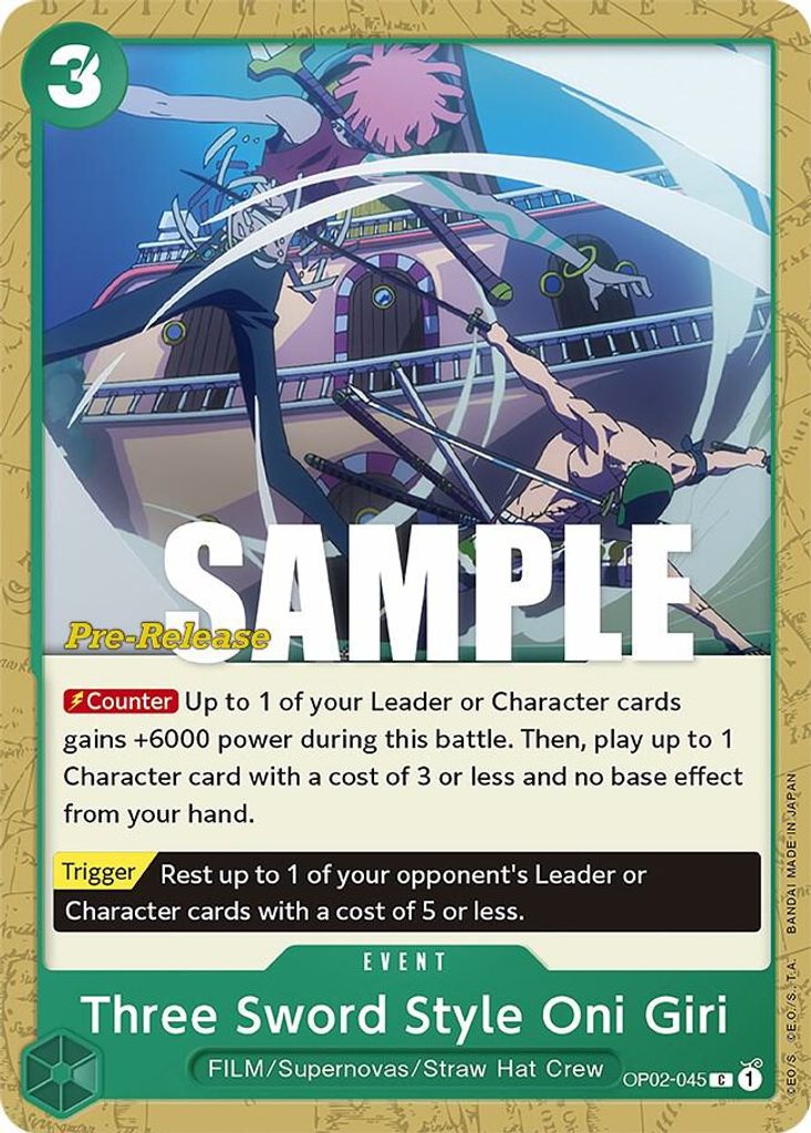Three Sword Style Oni Giri OP02-045, the C printing from OP-02 of the One Piece Card Game