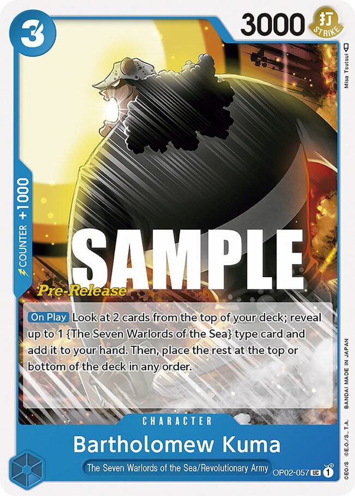 Bartholomew Kuma OP02-057, the UC printing from OP-02 of the One Piece Card Game