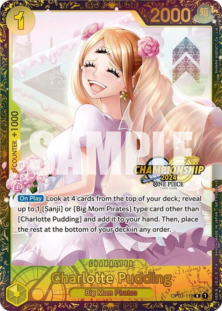 Charlotte Pudding OP03-112, the R printing from OP-03 of the One Piece Card Game