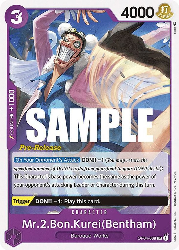 Mr.2.Bon.Kurei Bentham OP04-069, the UC printing from OP-04 of the One Piece Card Game