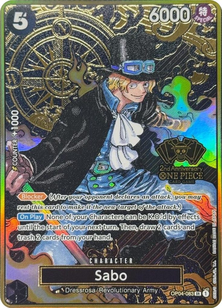 Sabo OP04-083, the SR printing from OP-04 of the One Piece Card Game