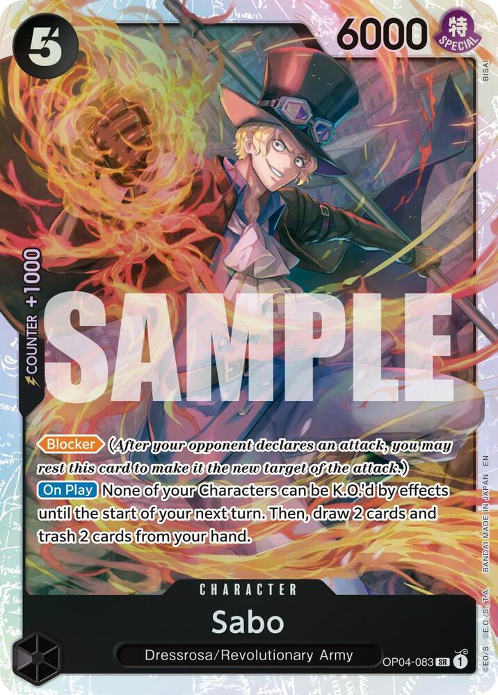 Sabo - OP04-083 OP04-083, the SR printing from OP-04 of the One Piece Card Game