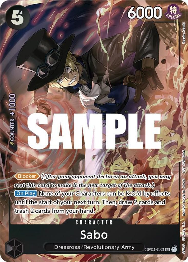 Sabo OP04-083, the SR printing from OP-04 of the One Piece Card Game