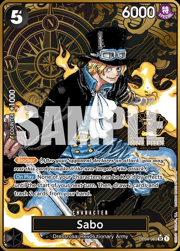 Sabo OP04-083, the SR printing from OP-04 of the One Piece Card Game