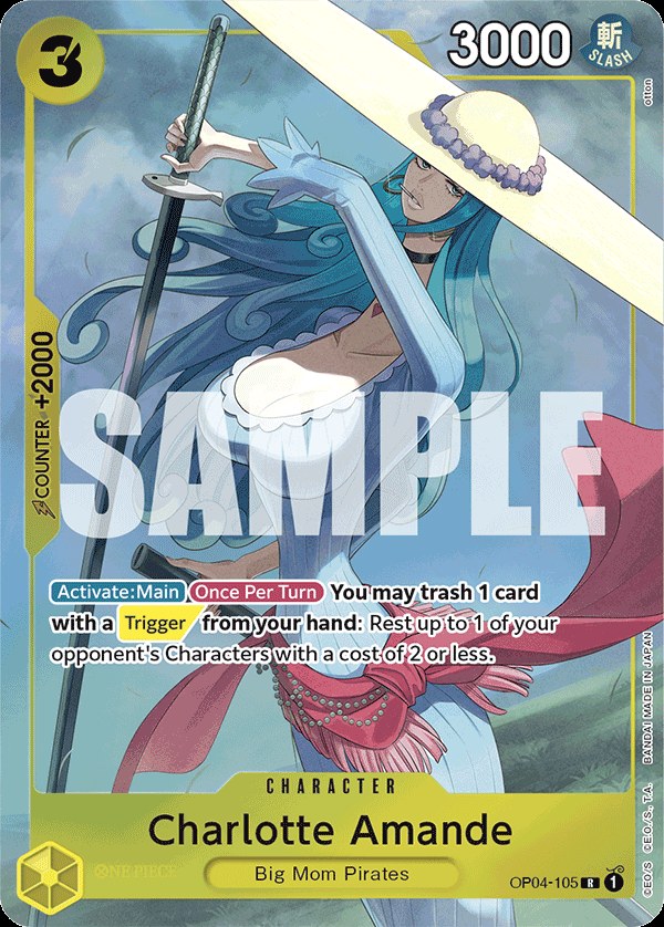 Charlotte Amande OP04-105, the R printing from OP-04 of the One Piece Card Game