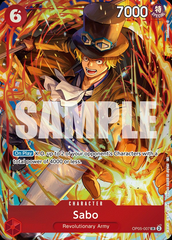 Sabo OP05-007, the SR printing from OP-05 of the One Piece Card Game