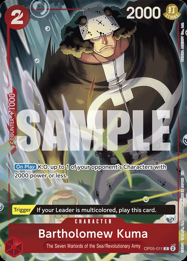 Bartholomew Kuma OP05-011, the C printing from OP-05 of the One Piece Card Game