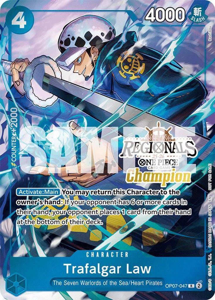 Trafalgar Law OP07-047, the R printing from OP-07 of the One Piece Card Game