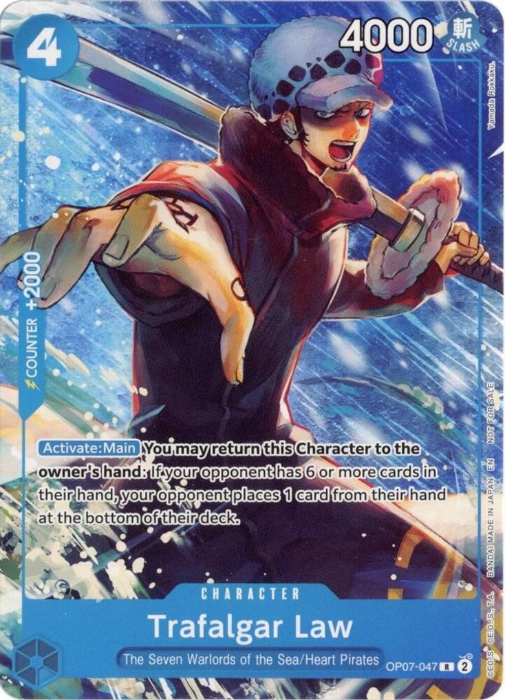 Trafalgar Law OP07-047, the R printing from OP-07 of the One Piece Card Game