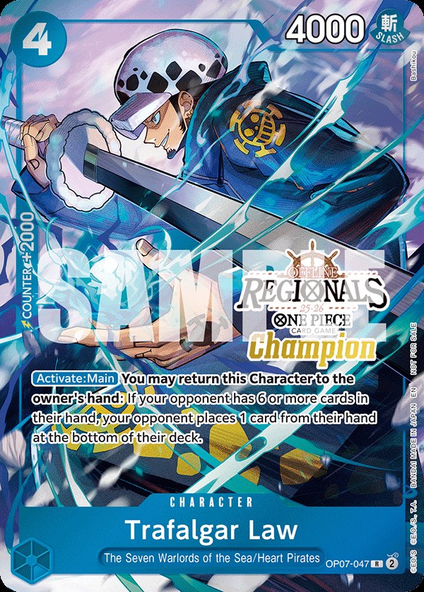 Trafalgar Law OP07-047, the R printing from OP-07 of the One Piece Card Game