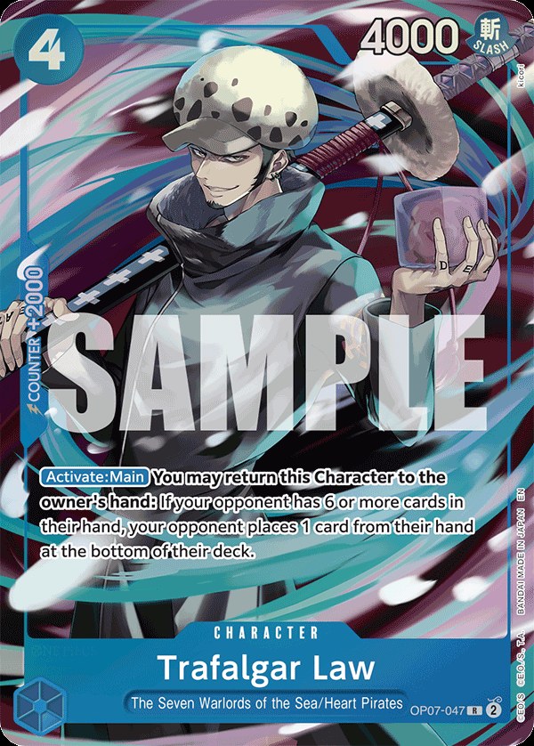 Trafalgar Law OP07-047, the R printing from OP-07 of the One Piece Card Game