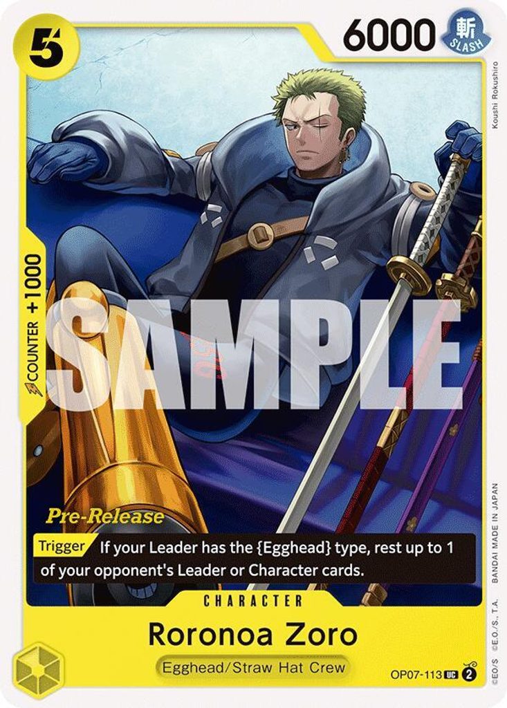 Roronoa Zoro OP07-113, the UC printing from OP-07 of the One Piece Card Game