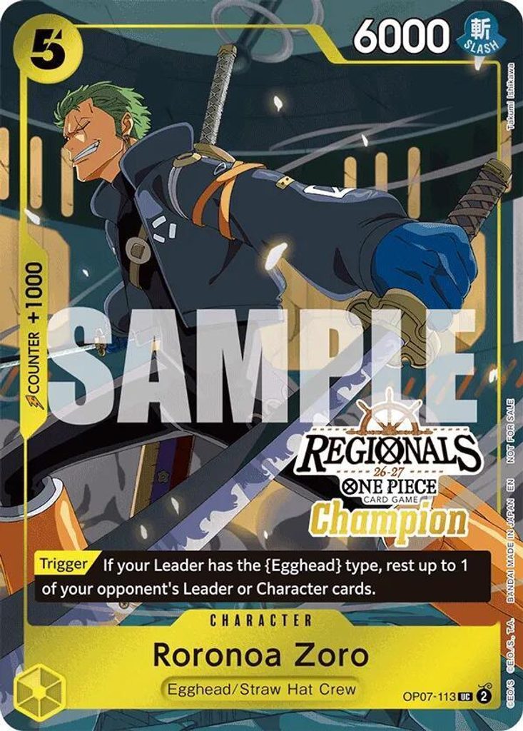Roronoa Zoro OP07-113, the UC printing from OP-07 of the One Piece Card Game