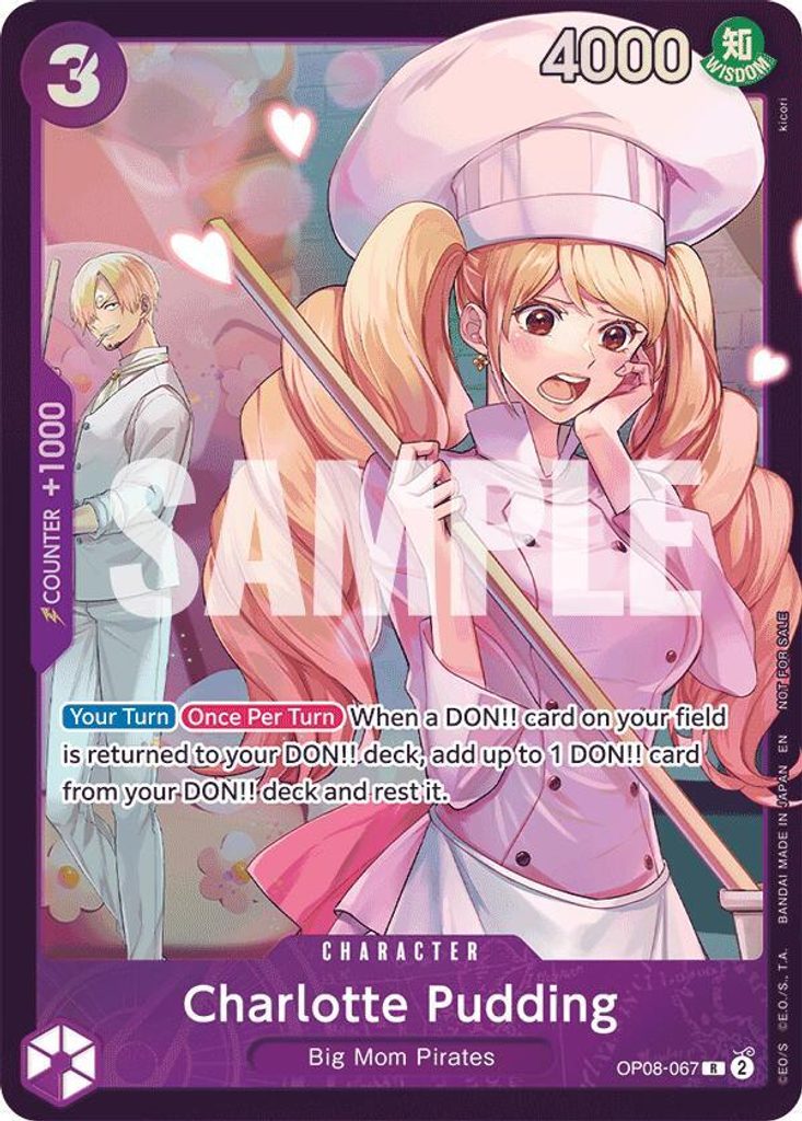 Charlotte Pudding OP08-067, the R printing from OP-08 of the One Piece Card Game