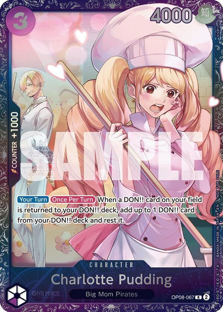 Charlotte Pudding OP08-067, the R printing from OP-08 of the One Piece Card Game