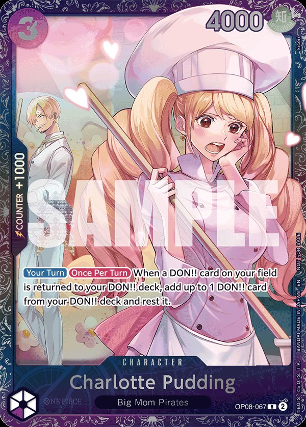 Charlotte Pudding OP08-067, the R printing from OP-08 of the One Piece Card Game