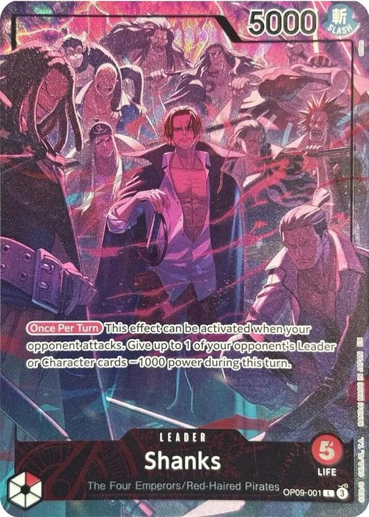 Shanks OP09-001, the L printing from OP-09 of the One Piece Card Game