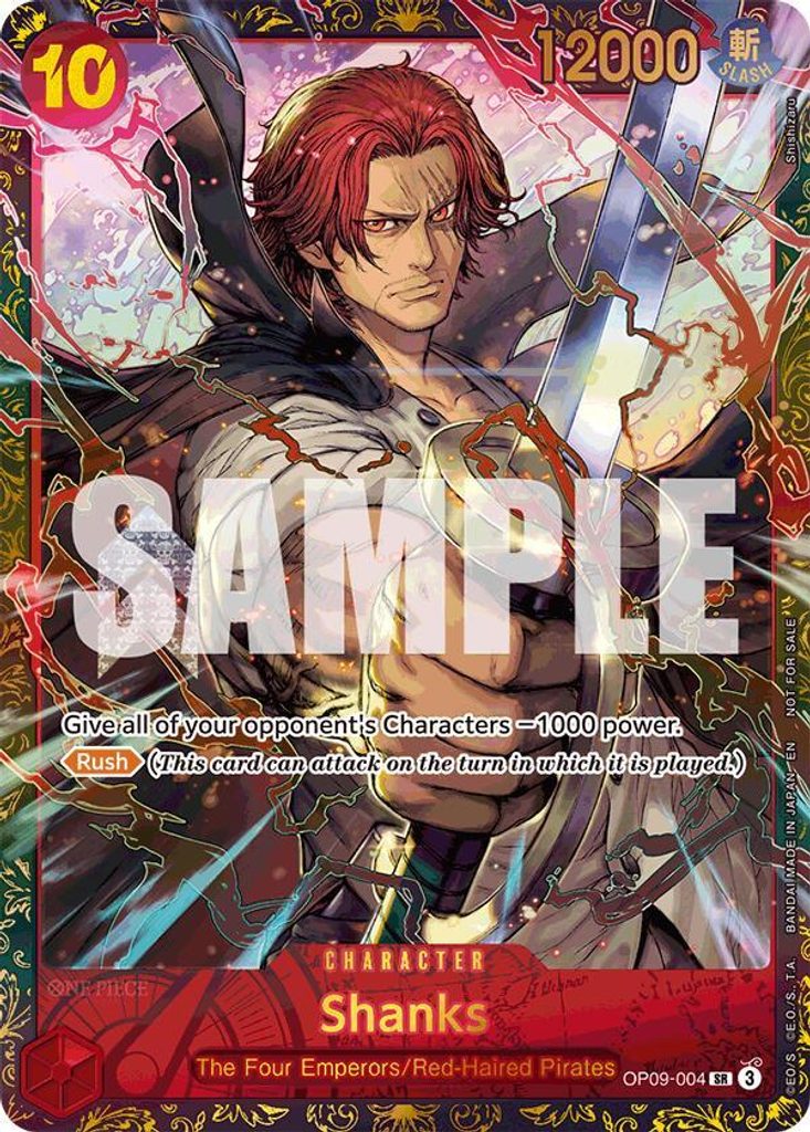 Shanks OP09-004, the SR printing from OP-09 of the One Piece Card Game