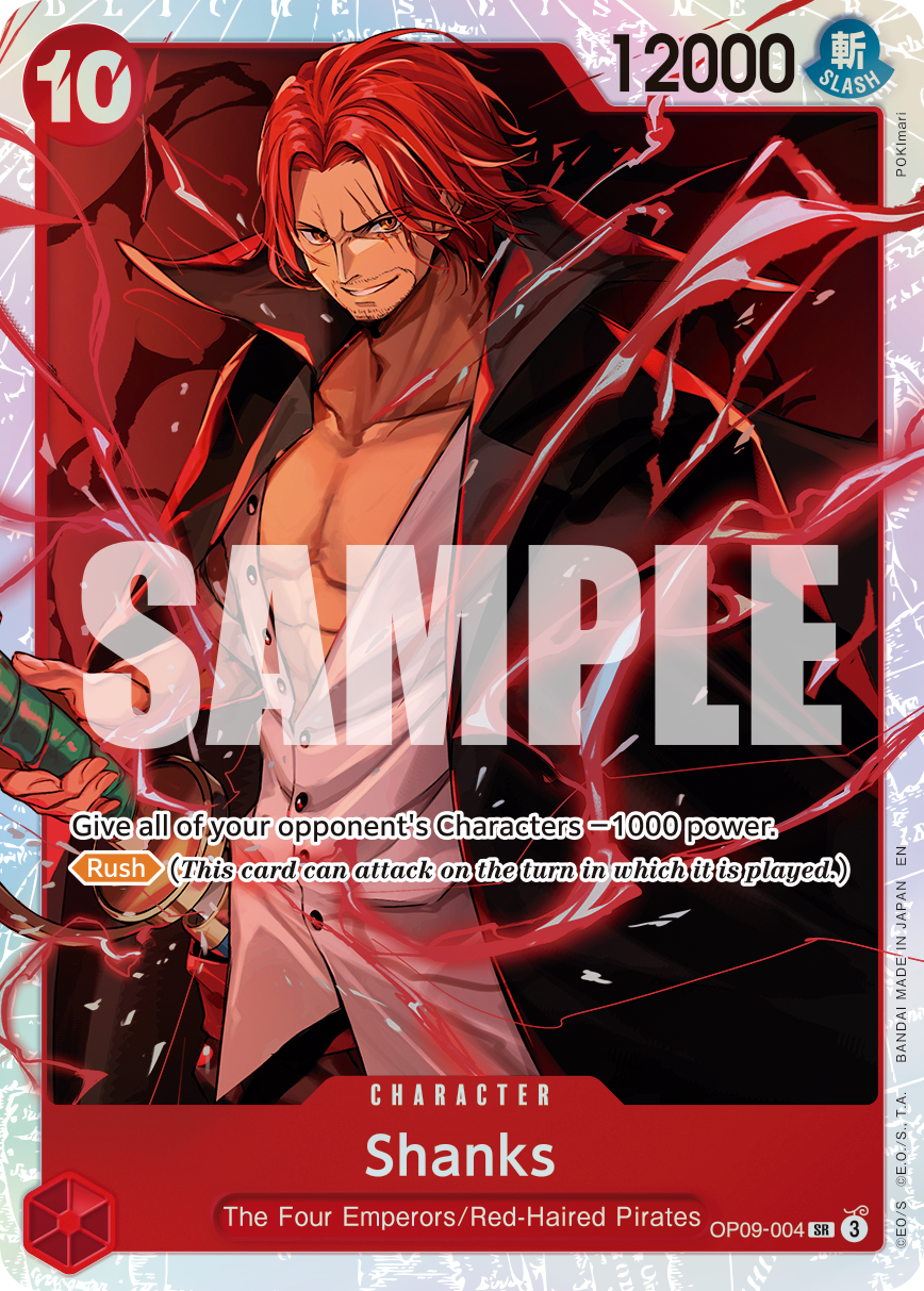 Shanks - OP09-004 OP09-004, the SR printing from OP-09 of the One Piece Card Game