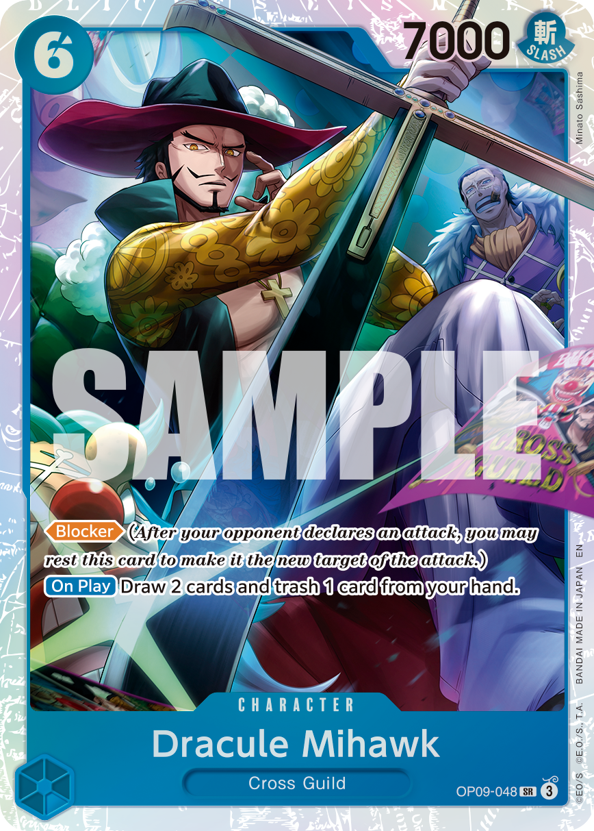 Dracule Mihawk - OP09-048 OP09-048, the SR printing from OP-09 of the One Piece Card Game