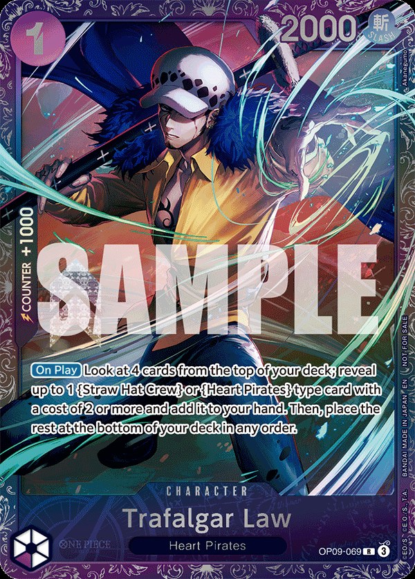 Trafalgar Law OP09-069, the R printing from OP-09 of the One Piece Card Game