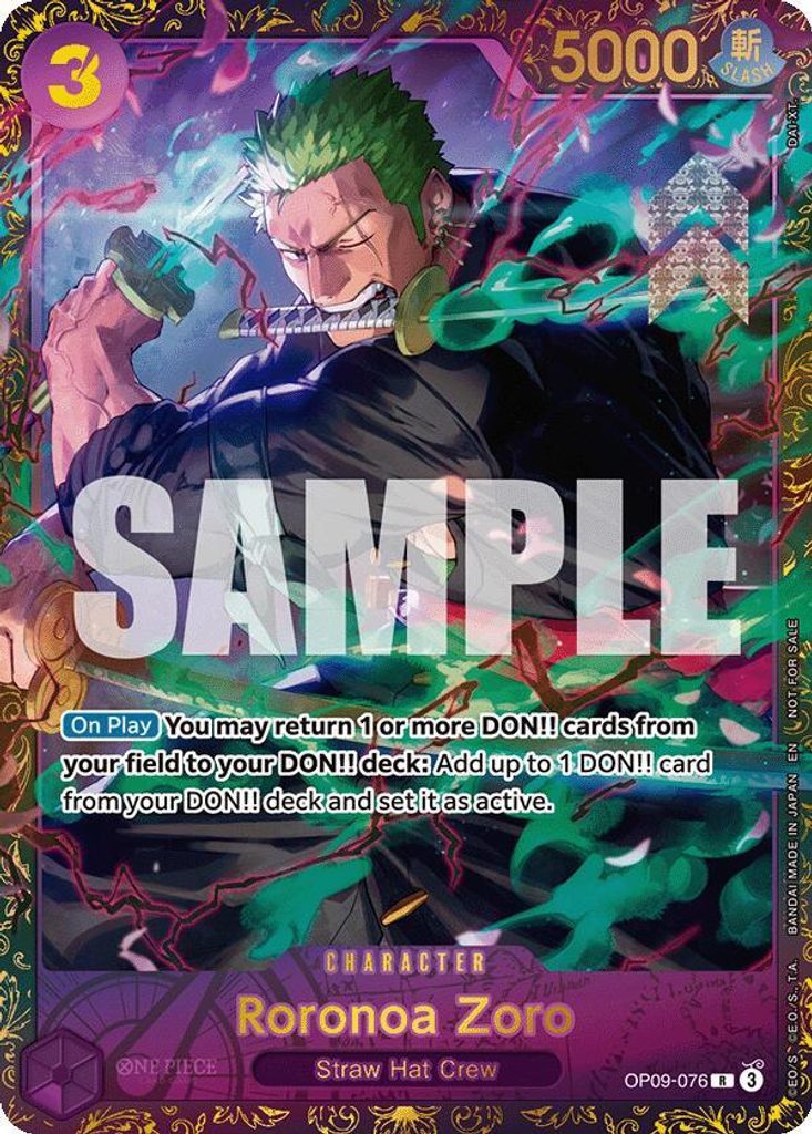 Roronoa Zoro OP09-076, the R printing from OP-09 of the One Piece Card Game