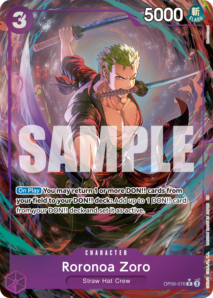 Roronoa Zoro - OP09-076 OP09-076, the R printing from OP-09 of the One Piece Card Game
