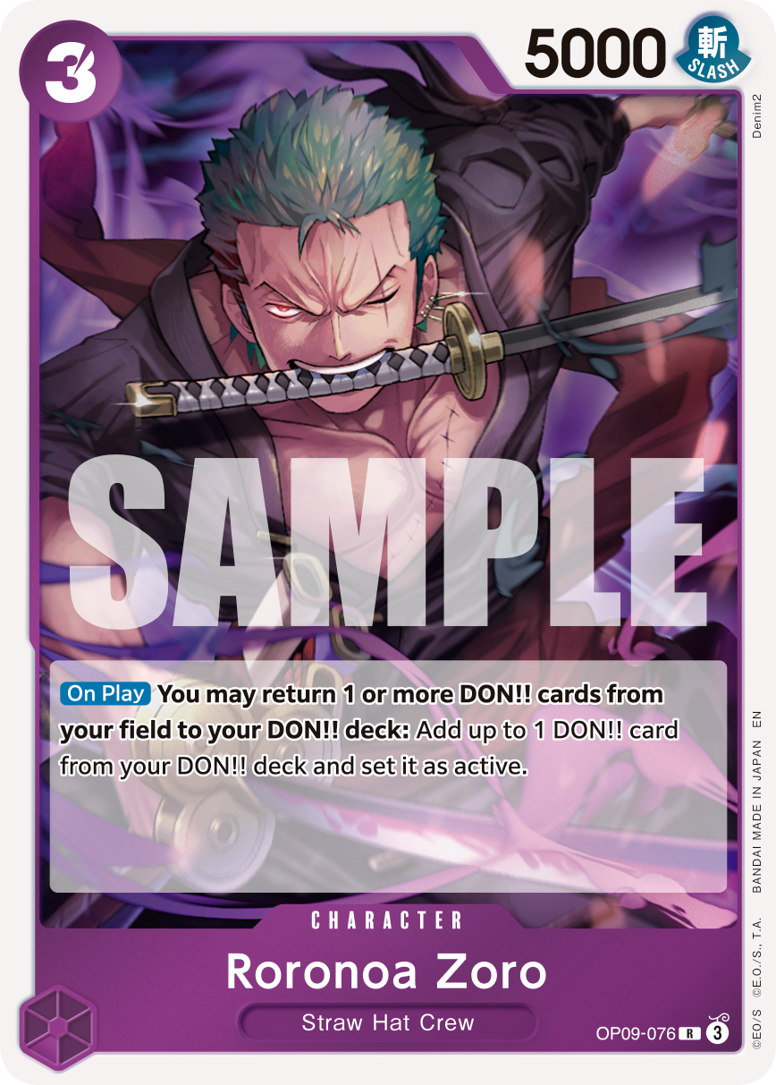 Roronoa Zoro - OP09-076 OP09-076, the R printing from OP-09 of the One Piece Card Game