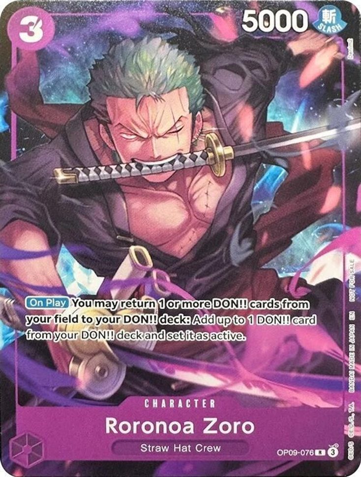 Roronoa Zoro OP09-076, the R printing from OP-09 of the One Piece Card Game