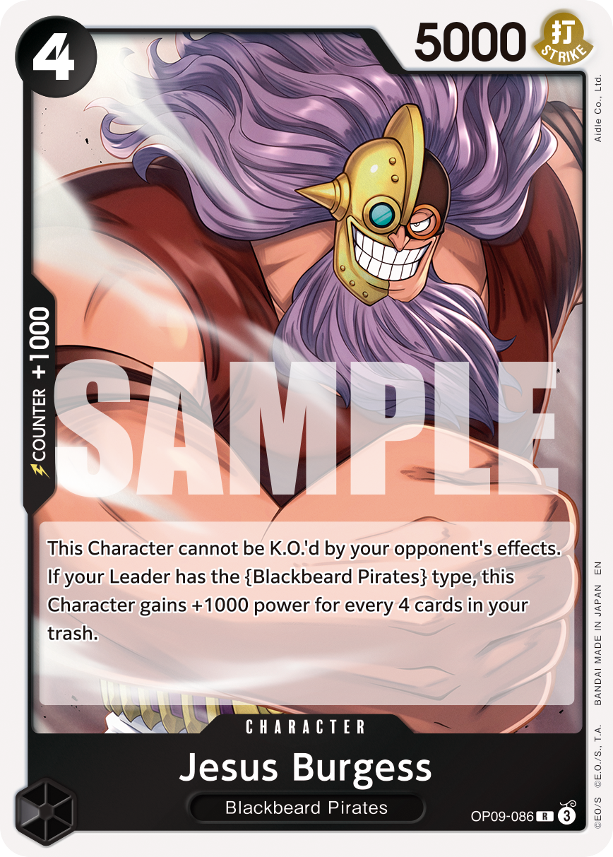 Jesus Burgess OP09-086, the R printing from OP-09 of the One Piece Card Game