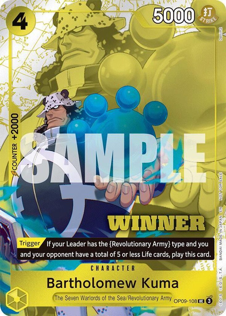 Bartholomew Kuma OP09-108, the UC printing from OP-09 of the One Piece Card Game