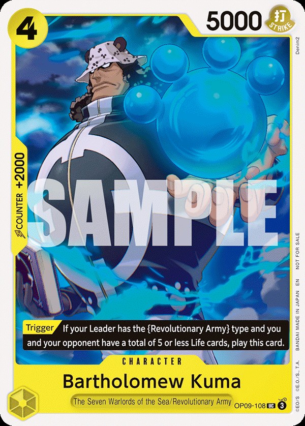 Bartholomew Kuma OP09-108, the UC printing from OP-09 of the One Piece Card Game