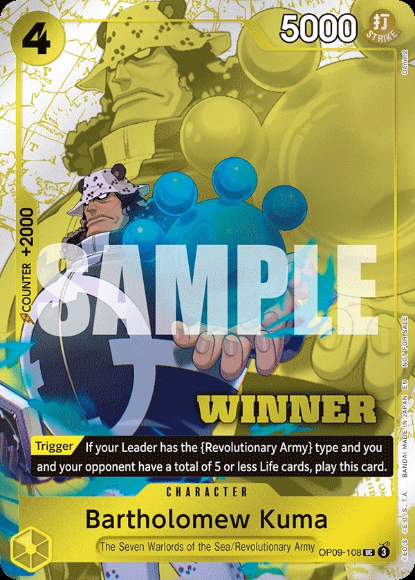 Bartholomew Kuma OP09-108, the UC printing from OP-09 of the One Piece Card Game