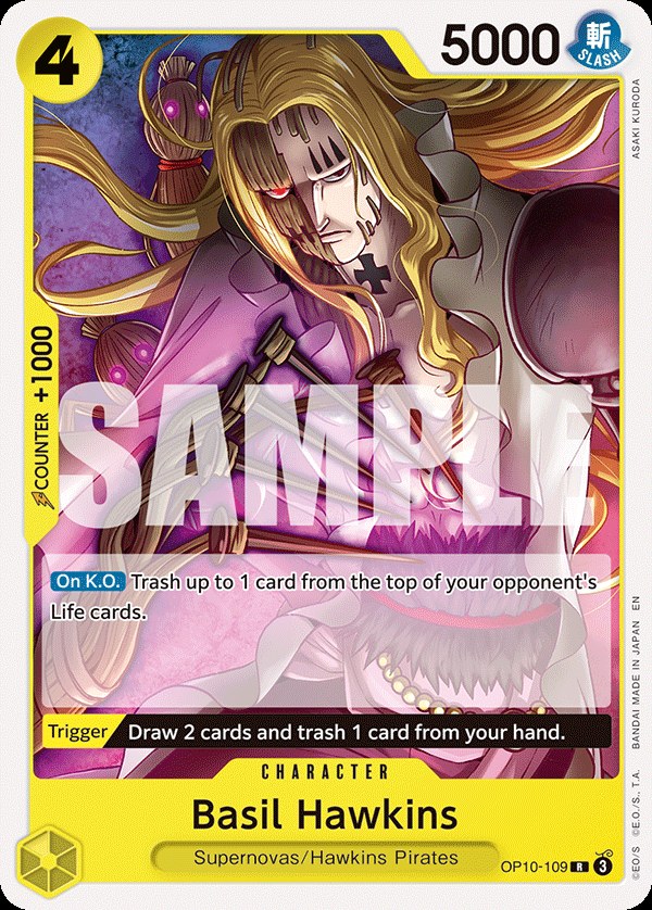 Basil Hawkins OP10-109, the R printing from OP-10 of the One Piece Card Game