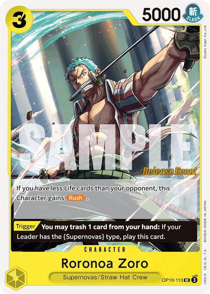 Roronoa Zoro OP10-113, the UC printing from OP-10 of the One Piece Card Game